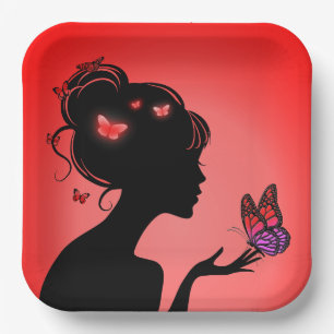 Assiettes En Carton La femme papillons rouges