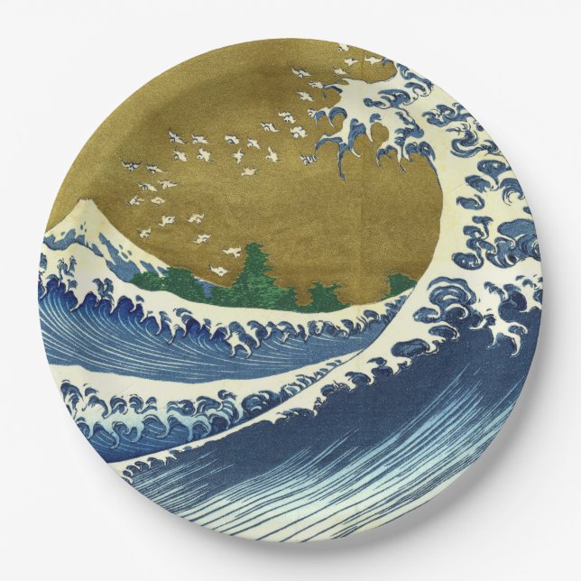 Assiettes En Carton La Grande Vague (Art Japonais Bleu et Or, Hokusai) (Devant)
