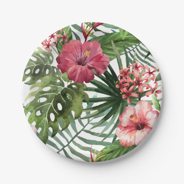 Assiettes En Carton La ketmie tropicale fleurit le motif de feuillage (Devant)