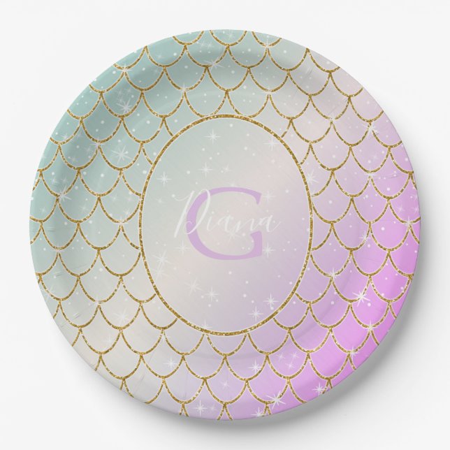 Assiettes En Carton La Petite Sirène. balance d'or sur rose, turqu (Devant)