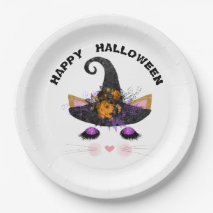 Assiettes En Carton La sorcière Kitty font face à Halloween