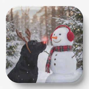 Assiettes En Carton Labrador Retriever noir de Noël avec un bonhomme d