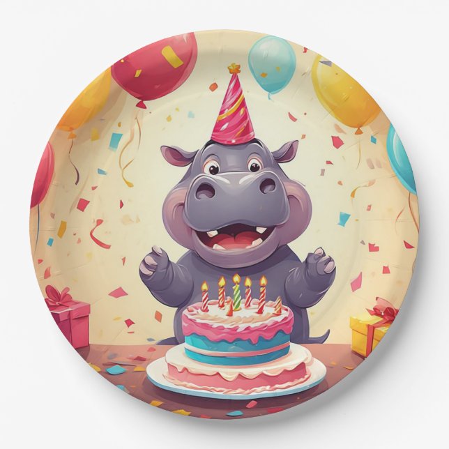 Assiettes En Carton L'adorable hippo fête l'anniversaire avec du gâtea (Devant)