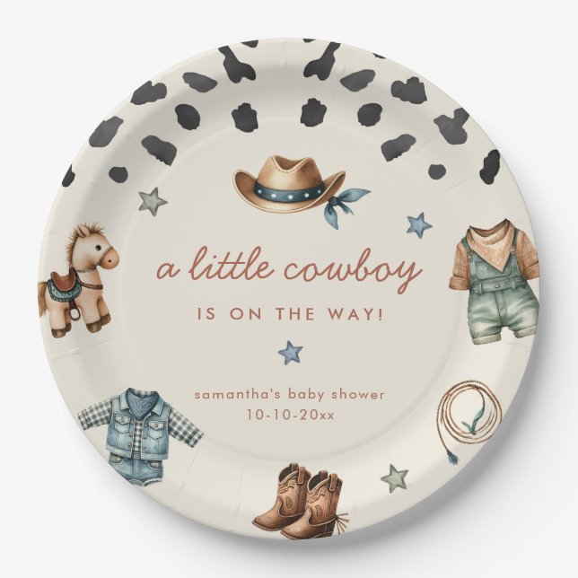 Assiettes En Carton L'adorable Petit Cowboy est en chemin garçon baby  (Devant)