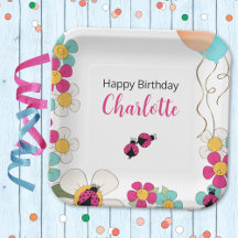 Ladybugs et Fleurs Carrés fête d'anniversaire