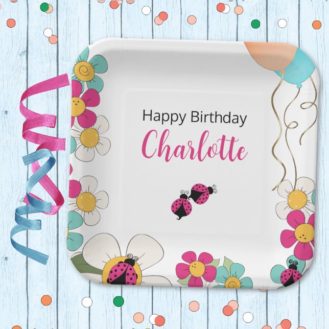 Assiettes En Carton Ladybugs et Fleurs Carrés fête d'anniversaire (Créateur téléchargé)