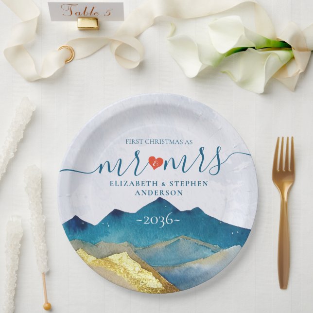 Assiettes En Carton Laisser l'aventure commencer Blue Gold Mountain Ma (Mariage)