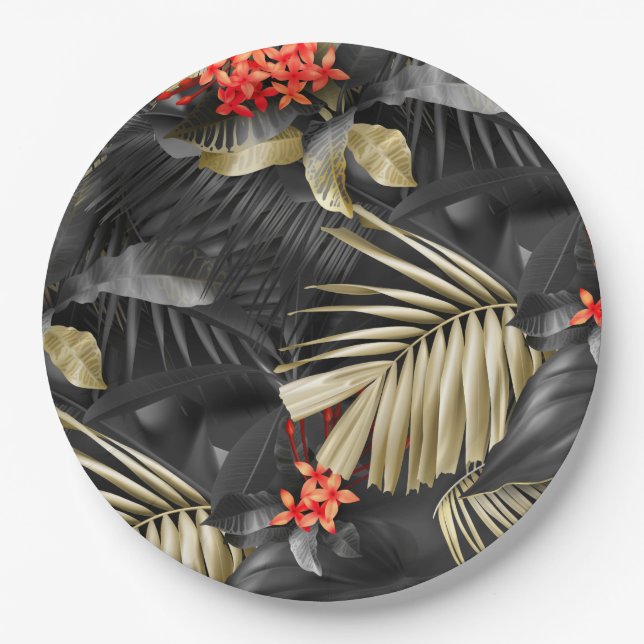 Assiettes En Carton Laisser Tropical Black & Gold et Fleurs rouges (Devant)