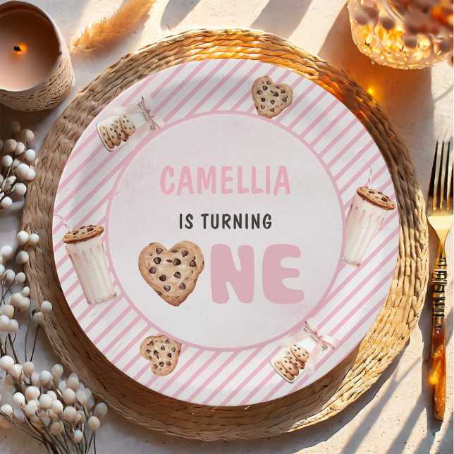 Assiettes En Carton Lait et biscuits Pink Fête du premier anniversaire (Créateur téléchargé)