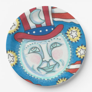 ASSIETTES EN CARTON L'AMÉRICANA FOLK ART PATRIOTIQUE HOMME DANS LA LUN
