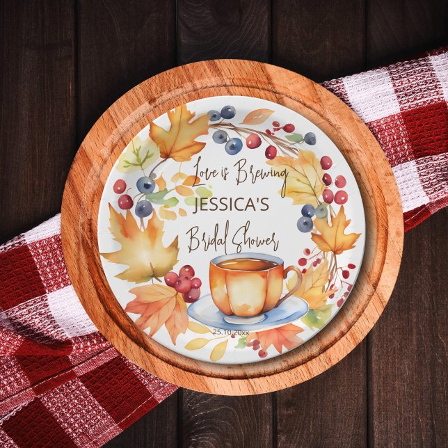 Assiettes En Carton L'amour brasse l'automne nuptiale douche vaisselle (Love is brewing fall themed bridal shower tableware personalized paper plates watercolor pumpkin cup)