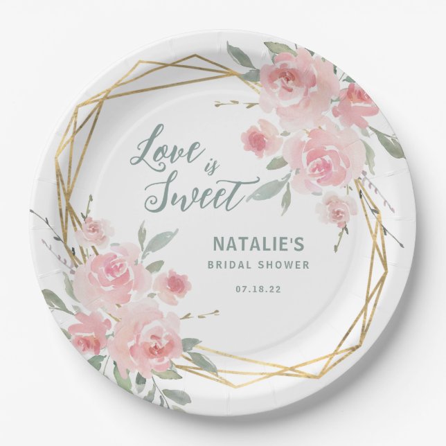 Assiettes En Carton L'amour est doux Blush Fête des mariées florale (Devant)