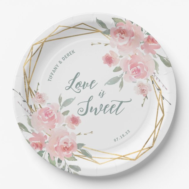 Assiettes En Carton L'amour est doux Blush Floral Mariage (Devant)