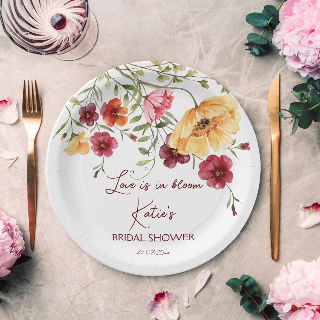 Assiettes En Carton L'amour est en fleurs bordeaux fleurs nuptiale dou (Créateur téléchargé)