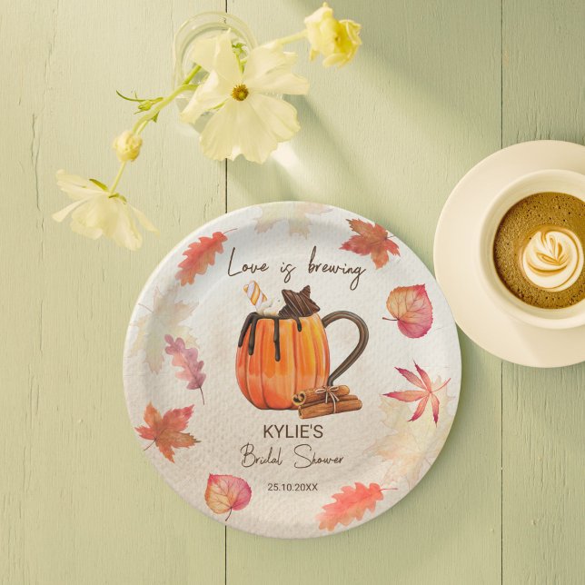 Assiettes En Carton L'amour est en train de préparer la douche nuptial (Love is brewing fall bridal shower monogrammed printed  paper plates pumpkin mug hot chocolate maple)