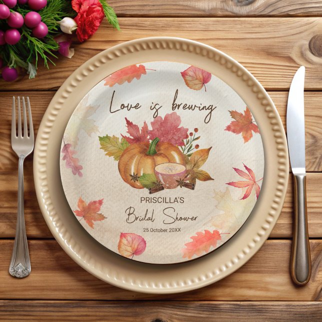 Assiettes En Carton L'amour est en train de préparer la douche nuptial (Love is brewing fall autumn bridal shower monogrammed customized paper plates personalized decor)