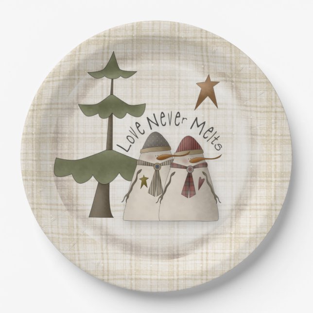 Assiettes En Carton L'Amour Ne Melte Jamais Couple Snowman Plaid (Devant)