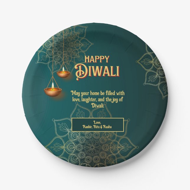 Assiettes En Carton Lampes en or vert Diwali Mandala Personnalisé (Devant)