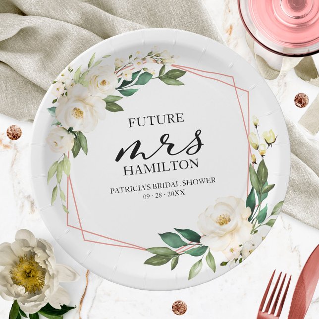 Assiettes En Carton Lancement de Fiançailles Fleurs Blanches Géométriq (Créateur téléchargé)