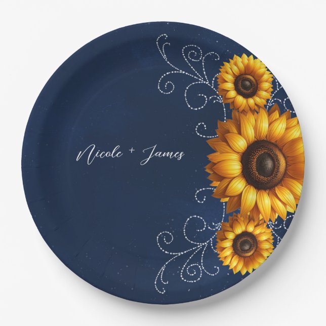 Assiettes En Carton Lancement de mariage chic paillettes tournesol ble (Devant)