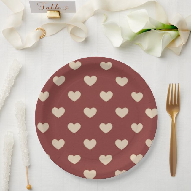 Assiettes En Carton Lancement de mariage coeurs pailletés crème rouge  (Mariage)