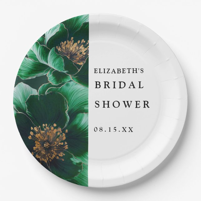 Assiettes En Carton Lancement de Mariée Floral Moderne Élégant Vert Ém (Devant)