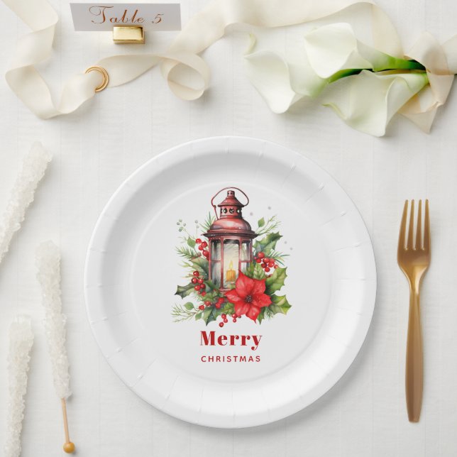 Assiettes En Carton Lanterne rouge de Noël Poinsettia et pin (Mariage)