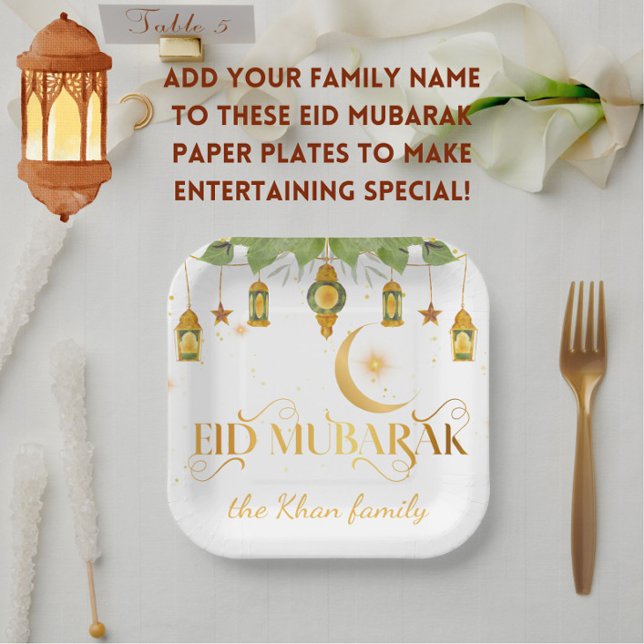 Assiettes En Carton Lanternes blanches en or "Aïd Moubarak" personnali (Make Eid extra special with these festive elegant white/gold "Eid Mubarak" family name paper plates!)