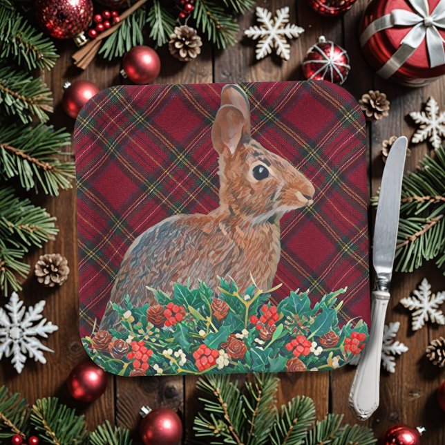 Assiettes En Carton Lapin avec baies Holly et Plaid (A classic red and green plaid and rabbit make a cute paper Christmas plate for parties and leftovers)