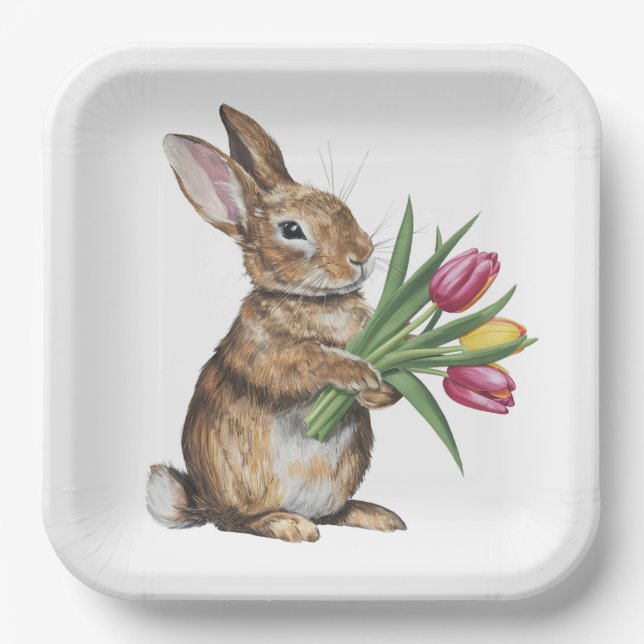 Assiettes En Carton Lapin Avec Bouquet Tulip (Recto)