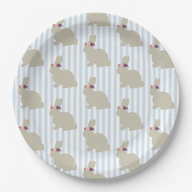 Assiettes En Carton Lapin avec Fleur Rayure Bleue (Devant)