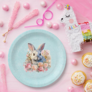 Assiettes En Carton Lapin avec une guirlande de roses Mignon