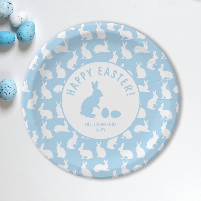 Assiettes En Carton Lapin bleu clair et blanc à motif joyeuses Pâques (Créateur téléchargé)