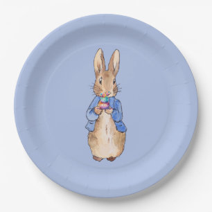 Assiettes En Carton Lapin classique en bleu tenant un gâteau d'anniver