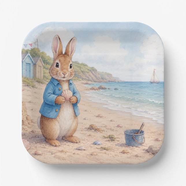 Assiettes En Carton Lapin classique sur une plage de sable (Recto)