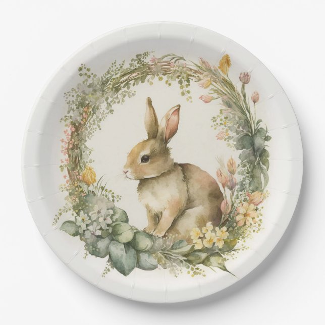 Assiettes En Carton Lapin Dans La Couronne Florale (Devant)