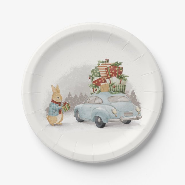 Assiettes En Carton Lapin de Noël Pierre et voiture (Devant)