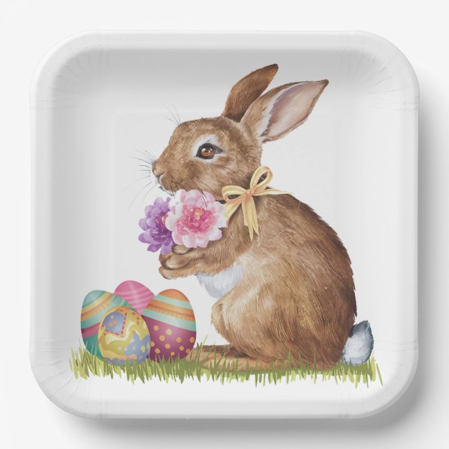 Assiettes En Carton Lapin de Pâques avec oeufs et fleurs (Recto)
