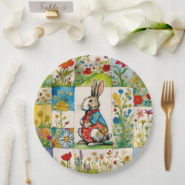 Assiettes En Carton Lapin de Pâques Lapin Patchwork Floral (Mariage)