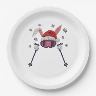 Assiettes En Carton Lapin de ski en faux fil avec chapeau de Père Noël