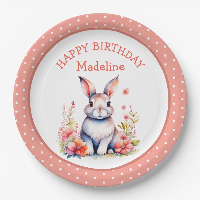 Assiettes En Carton Lapin lapin en fleurs Joyeux anniversaire Personna (Devant)