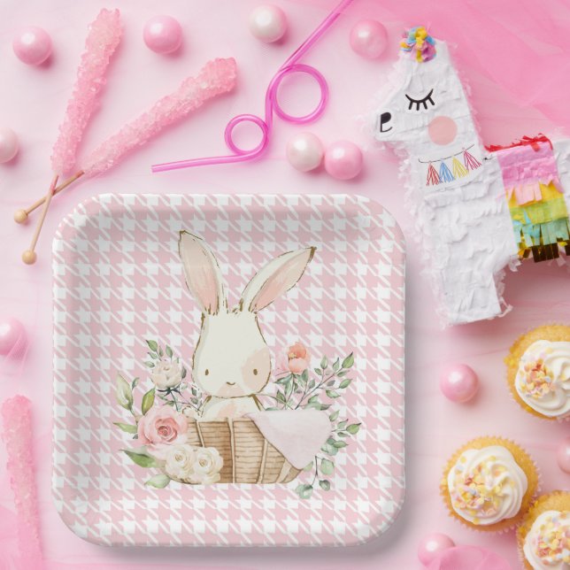 Assiettes En Carton Lapin Lapin Pink Pastel Houndstooth Lapin (Fête)
