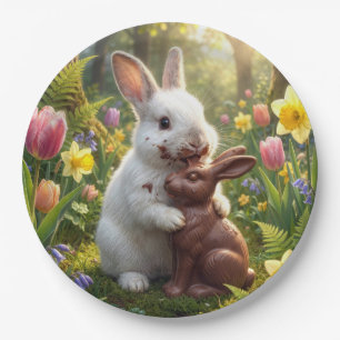 Assiettes En Carton Lapin léchant un lapin de Pâques en chocolat