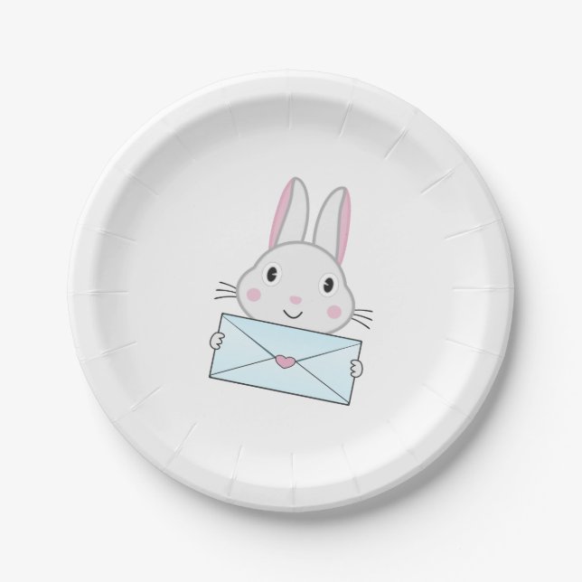 Assiettes En Carton Lapin mignon et adorable tenant une lettre d'amour (Devant)