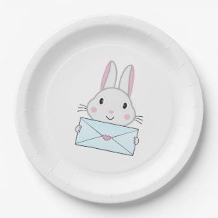 Assiettes En Carton Lapin mignon et adorable tenant une lettre d'amour