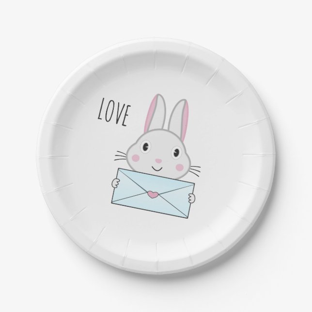 Assiettes En Carton Lapin mignon et adorable tenant une lettre d'amour (Devant)