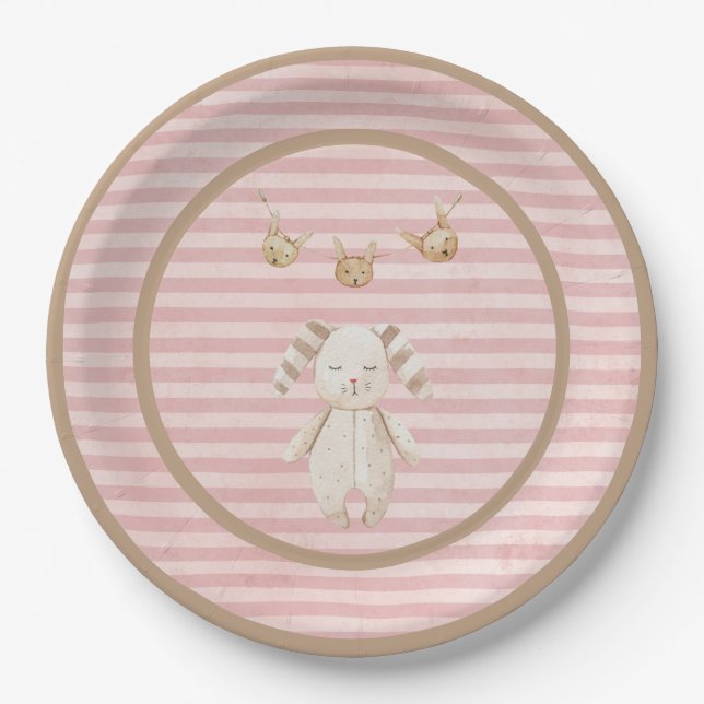 Assiettes En Carton Lapin Rose Bébé Fille Pastel Stripes (Devant)