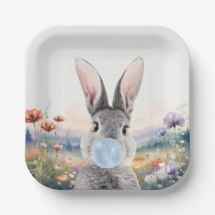Assiettes En Carton Lapin soufflant un bubble gum bleu avec des fleurs