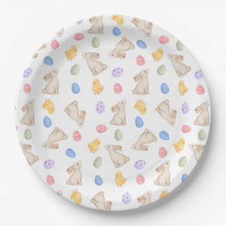 Assiettes En Carton Lapins de Pâques pastel, Œuf et Poussins