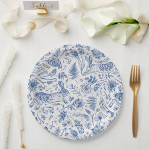 Assiettes En Carton Lapins vintages bleus et fleurs de printemps motif
